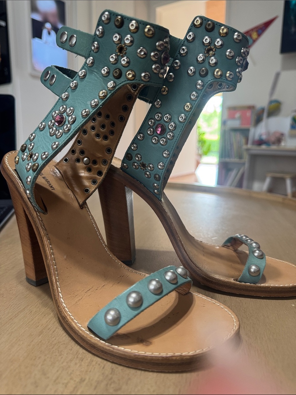 Isabel Marant Teal Studded Leather High Heel Sandals